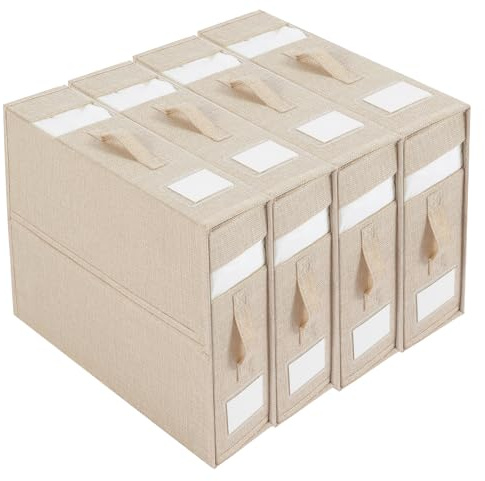 WMLBK Bed Sheet Organiser,Linen Bedding Organiser Folder Box with 2 Visual Windows,Stackable Bedding Storage Bags Closet Storage Box for Sheets and Clothes (4 pcs, Beige)