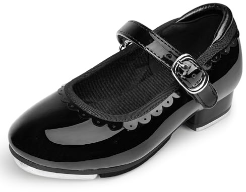Stelle Tap Shoes for Girls Toddler Dance Shoes Easy Strap Scallop Design (Toddler/Little Kid/Big Kid) (Black,10MT)
