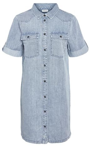 Noisy may Damen Kurzarm Kleid Midi Denim Blusenkleid Hemdkragen und Brusttaschen, Farben:Hellblau, Größe:M