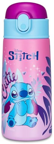 Gourde isotherme LILO & STITCH – pour enfants avec paille, 460 ml, pas de PBA, école primaire, acier inoxydable, maintien de la température jusqu'à 24h