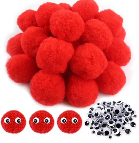 TOAOB 50 pcs Craft Pompoms Loisirs Creatifs Rouge 5 cm Gros Pompons Moelleux avec 100 pcs Yeux Mobiles pour Bricolage Fournitures Décorations Couture Guirlandes Franges Projets et Artisanat