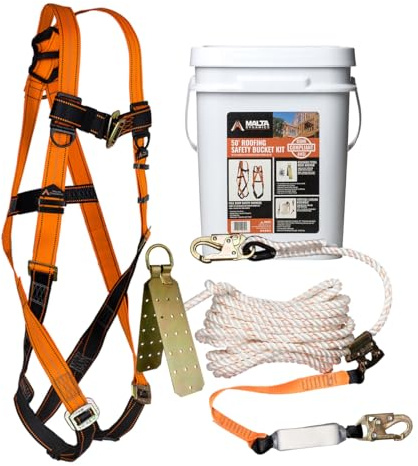 Malta Dynamics 50’ Roofer's Safety Bucket Kit – Warthog Pass-Thru Safety Harness, Reusable Roof Anchor, and 50’ Vertical Lifeline Assembly, OSHA/ANSI Compliant