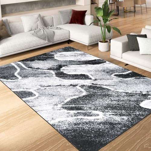 Alishomtll Alfombra de pasillo antideslizante, pelo corto TPR, salón, cocina, dormitorio, lavable, resistente a las manchas, moderna, para cocina, interior, color negro y gris, 160 x 230 cm