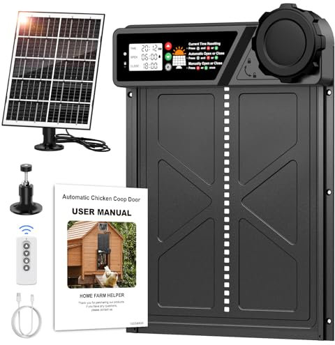 MASTERFUN Große Automatische Hühnerklappe Solar, Aluminum Hühnerklappe Automatisch mit Großes Display, Timer, Fernbedienung, Intelligenter Einklemmschutz Elektrische Hühnertür