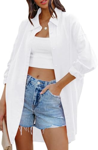 Cicy Bell Women's Blouse Oversized Cotton Shirts with Pockets | Long Sleeve, Button Down, Solid, Casual, Summer Basic Top