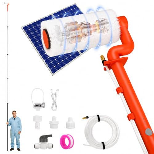 TURNRISE Spazzola Elettrica per la Pulizia di Pannelli Solari: Kit di Pulizia per Pannelli Solari con Asta Regolabile Alimentata ad Acqua da 6,1 m con Tubo dell'Acqua da 7 m - Spazzola Fotovoltaica