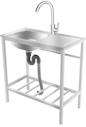 Freestanding Single Bowl Laundry Sink 29.5×15.7×29.5 Stainless Steel Utility Sink with Hose Hook Up Workbench Outdoor Storage Shelf Kitchen for Laundry Room Kitchen Bathroom