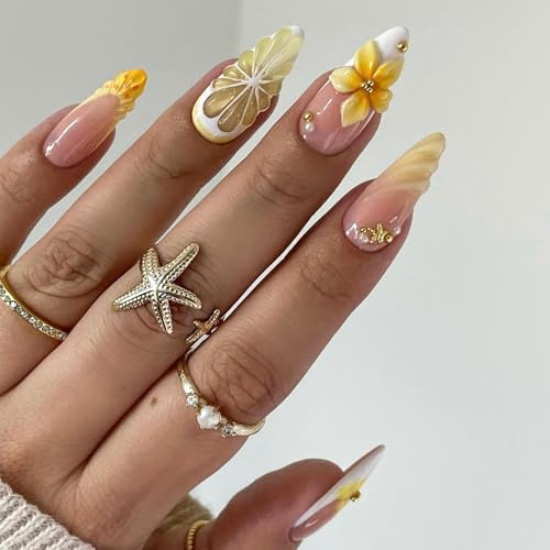 Dermalyx Press On Nails French, Unghie Gradient Gialle e Bianche, Fiori di Limone e Perle, Unghie Finte Artificiali, Unghie Adesive, Punte per Unghie False Estive