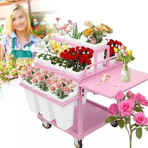 ZMJGLL Soporte para Flores de Exterior, Carrito Plegable con Ruedas para exhibición de Flores, con 18 Cubos y Ruedas, Carrito de floristería portátil para decoración de Jardines y Patios. (Pink)