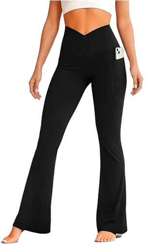 Kideerly Yoga Pants for Women Flared Leggings with Side Pocket – High Waist Tummy Control V Waist Gym & Casual Ladies Pants, Black Flared Yoga Leggings UK