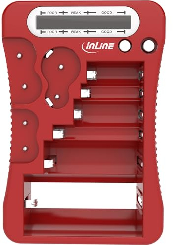 Inline batteritestare med LCD-display, kompakt, lämplig för AA, AAA, C, D, 9V, CR123A, knappceller, CR-V3, 2CR5, kan användas utan strömanslutning, röd, 01285R