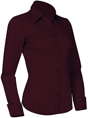 Pier 17 Chemise boutonnée pour femme, chemisier de bureau ajusté à manches longues sur mesure, Bordeaux, Large