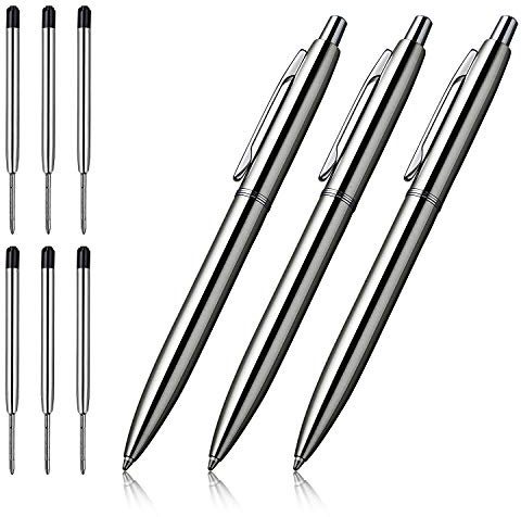 ChaoQ 3 Pcs Retractable Metal Ballpoint Pens, for Gift, Business, Office, 1.0mm Medium Point Black Ink, 6 Extras Replaceable Metal Refills - Stainess Steel