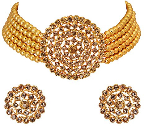 Aheli Faux Pearl Diamond Choker Necklace with Round Earrings Gift for Women Indian Traditional Bollywood Fashion Bharatanatyam jewellery set Set