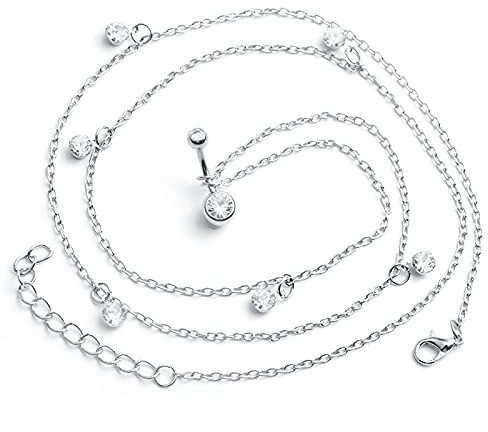 Crdifu Anneau de nombril en argent avec cha?ne 14G 10mm Piercing en cristal de nombril en acier chirurgical