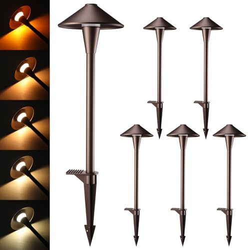LEONLITE Update 5CCT Low Voltage Pathway Lights, LED Landscape Path Lights, 1800/2700/3000/4000/5000K, Flat Cone Head, 12-24V AC/DC, IP65 Outdoor Walkway Light, Oil Rubbed Bronze Aluminum, Pack of 6