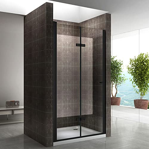 MONABLACK Porte de douche noire pliante pivotante H 195 cm largeur réglable de 76 à 80 cm verre transparent