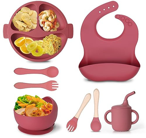 8 Stück Silikon Baby Geschirrset, BPA Frei Baby Teller mit Saugnapf, Rutschfest Kindergeschirr Set mit Lätzchen Trinklernbecher Löffel Gabel Schüssel für Kleinkinder (Rosa)