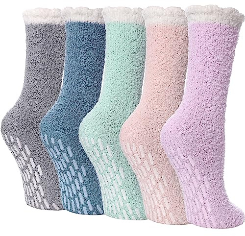 LINEMIN Non Slip Hospital Socks with Grips for Women Cozy Winter Soft Fluffy Grip Slipper Socks (5 Pairs Mix Patchwork)
