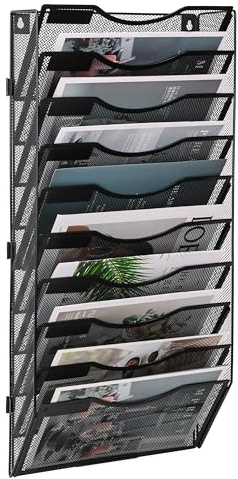 TQVAI 10 Pockets Wall File Holder, Mesh A4 Wall Mounted Document Holder, Hanging Wall Magazine Storage Rack, Desk Stationary Tidy Organiser in Tray for Office School Accessories, Black
