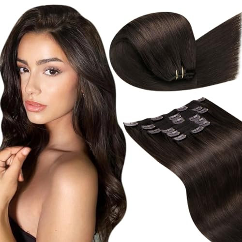 LaaVoo Braun Echthaar Extensions Clip in Remy Haar Extensions Clip in Echthaar Dunkelbraun Haarverlängerung Echthaar Clips Extensions Doppelt Tressen 135g #2 55cm