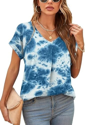 Yommay Damblus sommar elegant V-ringad tunika skjorta topp flytande korta ärmar chiffong toppar, 01tie färgblå, M
