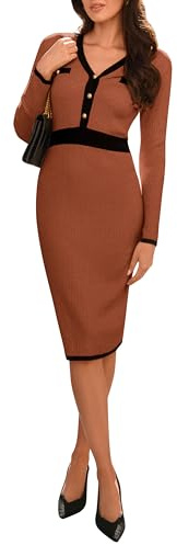 GRACE KARIN Womens V Neck Jumper Dress Long Sleeve Midi Dress Bodycon Knitted Jumpers Brown XL