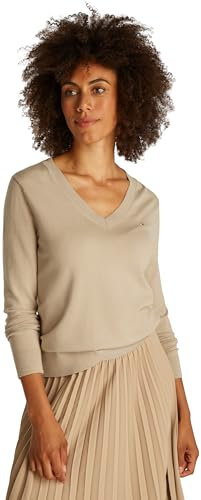 Tommy Hilfiger Damen Pullover Jersey V-Neck Strickpullover, Beige (Sandalwood), XXS