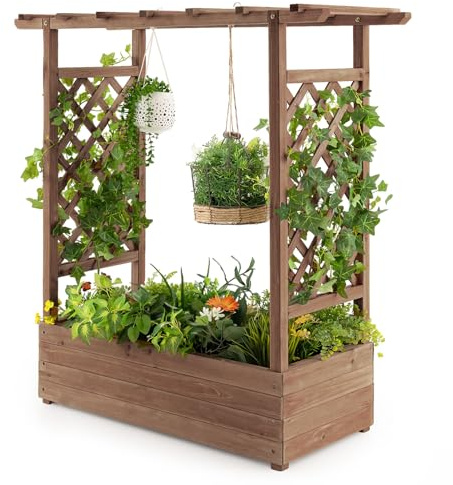 HOMASIS Fioriera da Esterno con 2 Grigliati e Tettuccio, Fioriera con Spalliera in Legno, Vasi per Piante da Esterno per Piante Rampicanti da Balcone (Marrone, 100 x 44 x 113,5 cm)