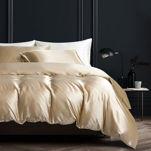 YASMENG Housse de Couette Satin 240x260 Beige Or Uni Brillant Deluxe Parure de Lit Satin Doux Lisse Soyeux Soie Linge de Lit 2 Personne Adulte avec Fermeture Éclair et Taies d'oreiller 65x65 cm