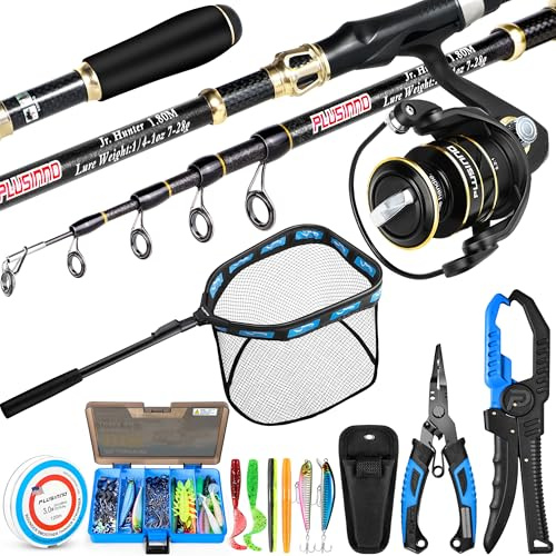 PLUSINNO Fishing Gear,Full Fishing Pole kit Include Fishing Rod and Reel Combo, Fishing Net, Tackle Box with Fishing Lures, Fishing Pliers,Fishing Gifts for Men with Fishing Tool Kit
