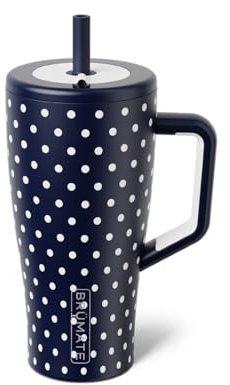BrüMate Era 30 oz Tumbler with Handle & Straw | 100% Leakproof Insulated Water Bottle Tumbler with Lid & Flexible SoftSip Straw | Made of Stainless Steel | Cup Holder Friendly | 30oz (Navy Polka Dots)