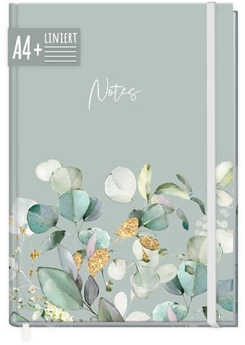 Häfft paper&you® A4+ Anteckningsbok med linjerad Minty Leaves | 156 linjerade sidor, 100 g/m² papper och gummiband - idealisk som dagbok, för listor och anteckningar