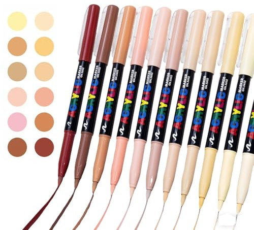 COZERI 12PCS Skin Color Tone Acrylic Markers Paint Pen - Quick-Dry Fabric Art Markers Skin Colour Felt Pens with Soft Brush Tip for Portrait DIY, Compatible with Paper/Wood/Fabric, Gift for Artist Kid