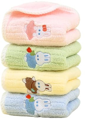 CavspkArt 4 Gants de Toilette Doux pour Enfants avec Broderie, Serviette Multicolore pour Le Visage des Enfants, Gants de Toilette en Coton pour bébés, Lapin Mignons, 25 x 50 cm (Lapin)