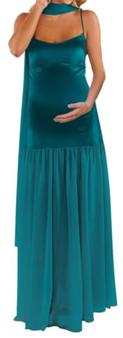 AHERKLL Spagettiremmar rock moderskapsklänning för fotografering med halsduk satin underkläder baby shower graviditetsklänning HAH066, Påfågel, 56 stor