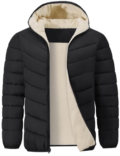 Gihuo Men's Winter Puffer Jacket Sherpa Lined Hooded Quilted Jacket (US, Alpha, Large, Regular, Regular, Black)