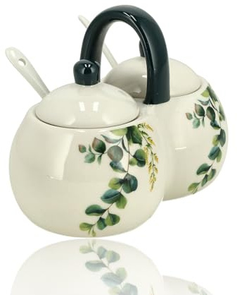 Barattolo per Spezie a 2 Scomparti - Doppia Zuccheriera in Ceramica con Cucchiai - Con Coperchio e Manico - Per Zucchero, Erbe e Spezie, 16 x 9 x 13 cm