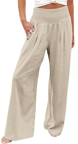 Generisch Pantalones de lino para mujer, pantalones de verano, pantalones de tela, longitud 3/4, cintura alta, sueltos, ligeros, holgados, pantalones de playa Boho A199, beige, S