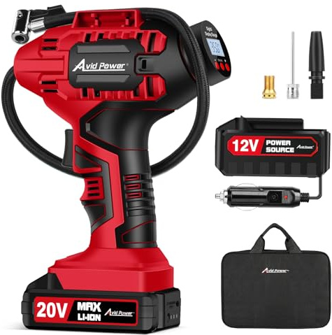 AVID POWER Tire Inflator Portable Air Compressor, 20V Cordless Car Tire Pump, Rechargeable Battery Powered Air Compressor w/12V DC Adapter, Digital Pressure Gauge