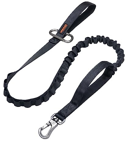 EXCELLENT ELITE SPANKER Laisse élastique Tactique pour Chien Laisse Militaire pour Chien Corde élastique à déclenchement Rapide avec 2 poignées de contrôle(BLK)