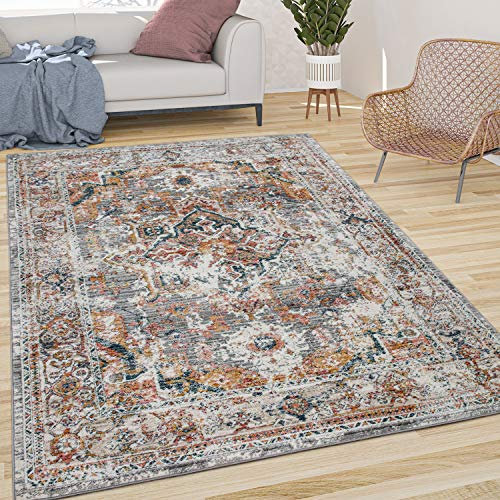 Paco Home Teppich Wohnzimmer Kurzflor Vintage Orient Muster Ornamente Bordüre Creme Grau Rot, Grösse:80x150 cm