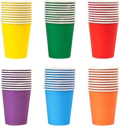 PIQIUQIU 6 colores al azar 60 vasos de Papel, 250 ml, multicolor, vasos de fiesta, biodegradables, desechables, para niños,DIY, Boda,Fiestas