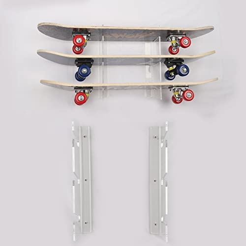 HHUXIUE Skateboardhylla väggmonterad skateboard förvaringsställ skateboardfäste, lager skateboardram, horisontell platsbesparande design (3 lager genomskinlig)
