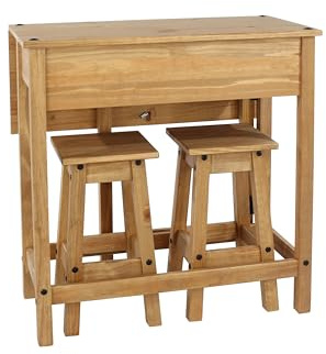 Home Source Solid Pine Breakfast Bar Set, Drop Leaf Kitchen Table with 2 Matching Stools, Natural Finish