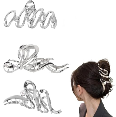 ZXCHOME 3 Stück Große Haarklammern Silber Haarklammer Metall Haarspangen Damen groß Für Frauen Und Mädchen Dickes Haar-Accessoires