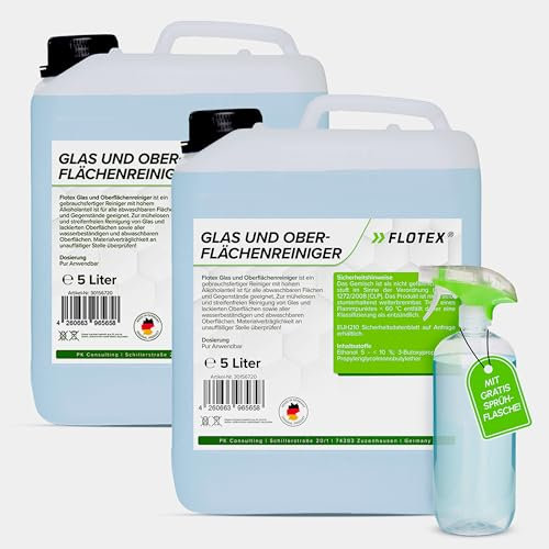 Flotex® Oberflächen- & Glasreiniger 2x5L für alle abwaschbaren Oberflächen I Gebrauchsfertiger Oberflächenreiniger & Fensterputzmittel mit Sprühflasche I Fensterreiniger für streifenfreie Sicht