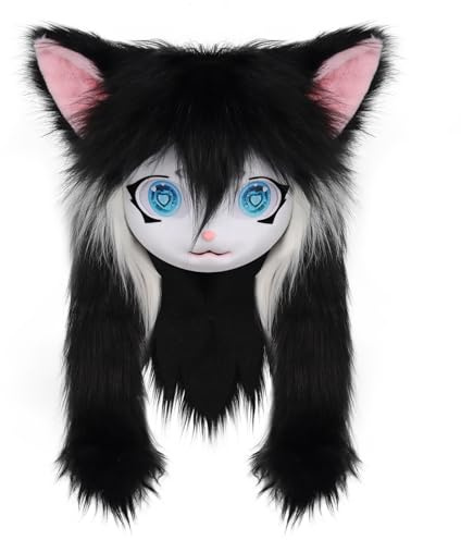 SMILETERNIT Animal Head Cat Fursuit Cut Mask Halloween Masquerade Cosplay Costume Props Blackwhite
