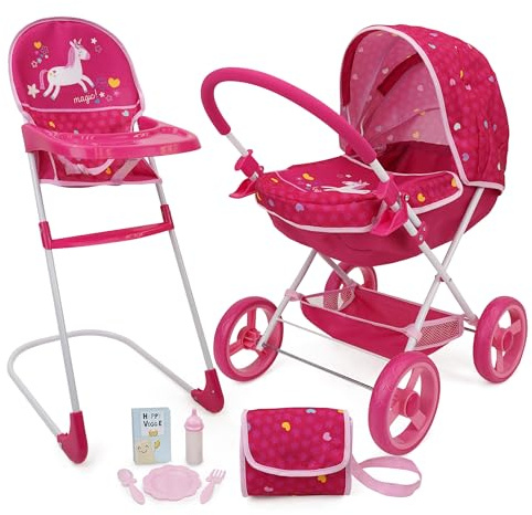 509 Crew Doll Pram n Feed 8 Piece Combo Play Set, Classic Doll Pram, Doll High Chair, Diaper Bag, 5 Piece Feeding Toys, for Dolls 46cm, Pretend Play for Kids Ages 3+