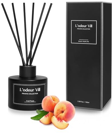 L'odeur Vill Diffusore Profumo Ambiente - 3.4oz (100ml) profumo di Pesca al miele con 8 bastoni d'olio, diffusore di aroma nero opaco, profumo domestico di lunga durata per il bagno.
